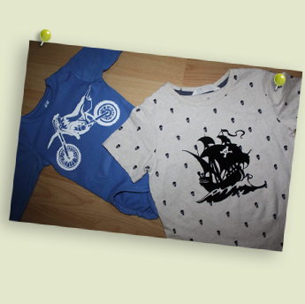 Oskars Crossbike zum Aufbügeln und Oskars Piratenschiff zum Aufbügeln auf Body und Shirt