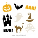 typische Halloween-Motive zum Aufbügeln: Geschnitzer Kürbis, Hexenhut, Gespenst, Schloss, Buckelkatze, Totenkopf und Fledermaus
