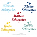 Bügelbild: kleine Schwester, mittlere Schwester, große Schwester