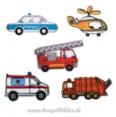 Kleine Aufbügler mit Autos passend zu Berufen: Feuerwehr, Krankenwagen, Polizeitauto, Müllauto